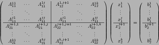 \begin{displaymath}
\left(
\begin{array}{ccc\vert ccc} A_{11}^{11} & \cdots & A_...
...\\ \hline b_2^{j+1} \\ \vdots \\ b_2^k \\
\end{array} \right)
\end{displaymath}