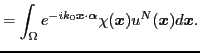 $\displaystyle = \int_\Omega e^{-i k_0 \boldsymbol{x} \cdot \boldsymbol \alpha } \chi(\boldsymbol{x}) u^N(\boldsymbol{x}) d\boldsymbol{x}.$